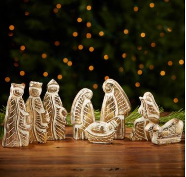 A whitewashed mango wood Nativity set with gold foil accents